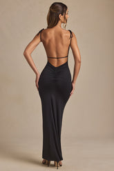 Ruched Backless Maxi Dress in Black
